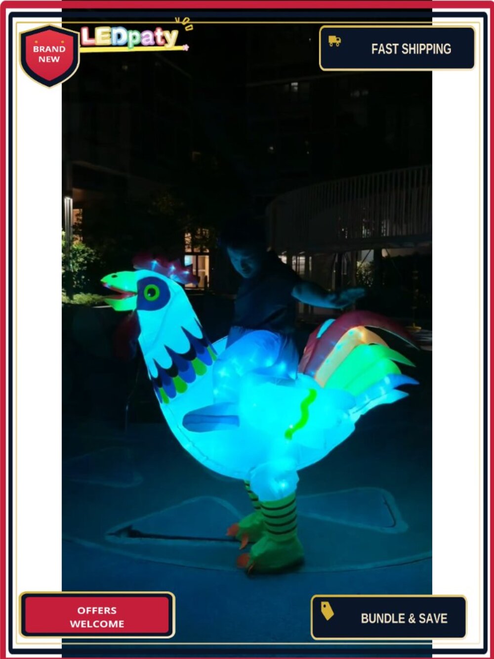 Adult Inflatable Ride-On Rooster Costume Smart LED Lights Adjustable Waist - Picture 6 of 6